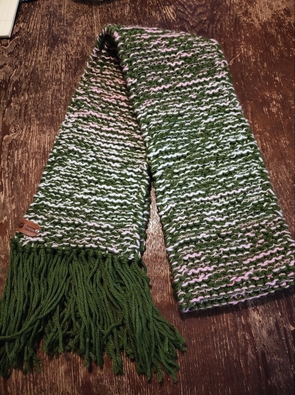 Handmade Green & Pink Knit Fringe Scarf